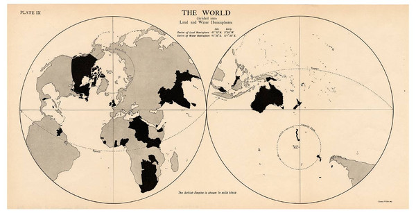 Карта мира Лайонела Кертиса с делением на полушария воды и суши