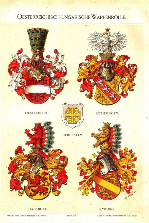 Хуго Штраль. Гербы Австрии, Лотарингии, Габсбургов, Кибургов. 1890
